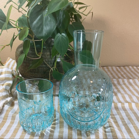 SOLD - Glass Tumble Up Carafe With Cup Blue Glass Embossed - Picture 3 of 7